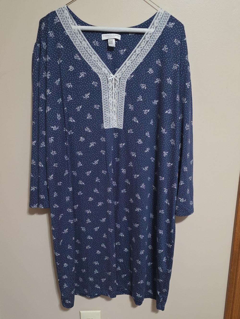 Miss Elaine Navy Blue Floral Nightgown with Lace Trim